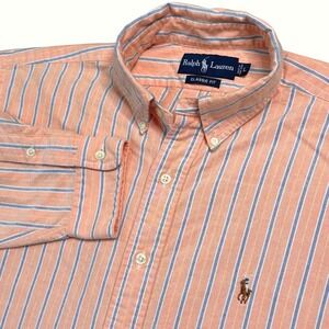 Ralph Lauren Classic Fit‎ Striped Button Down Shirt Men's Large Peach Blue EUC!